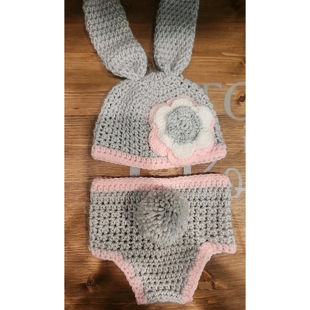 NEW Baby Girl Easter Bunny Rabbit Crochet Hat Diaper Cover Photo Prop Outfit Set